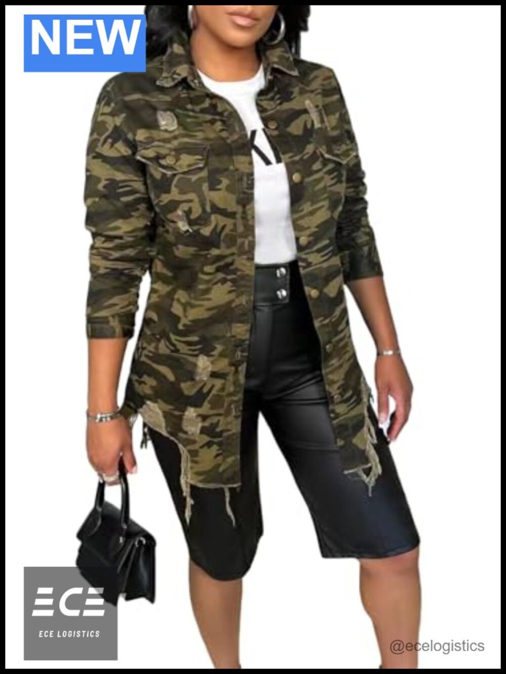 Plus Size Camo Utility Jacket Polyester Spandex Button Down Fall Coat